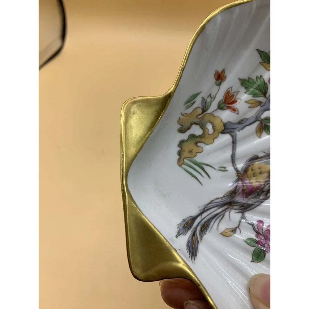 Vintage Limoges France Clam Shell-Shaped Dish with Birds and Flowers Gold Trim